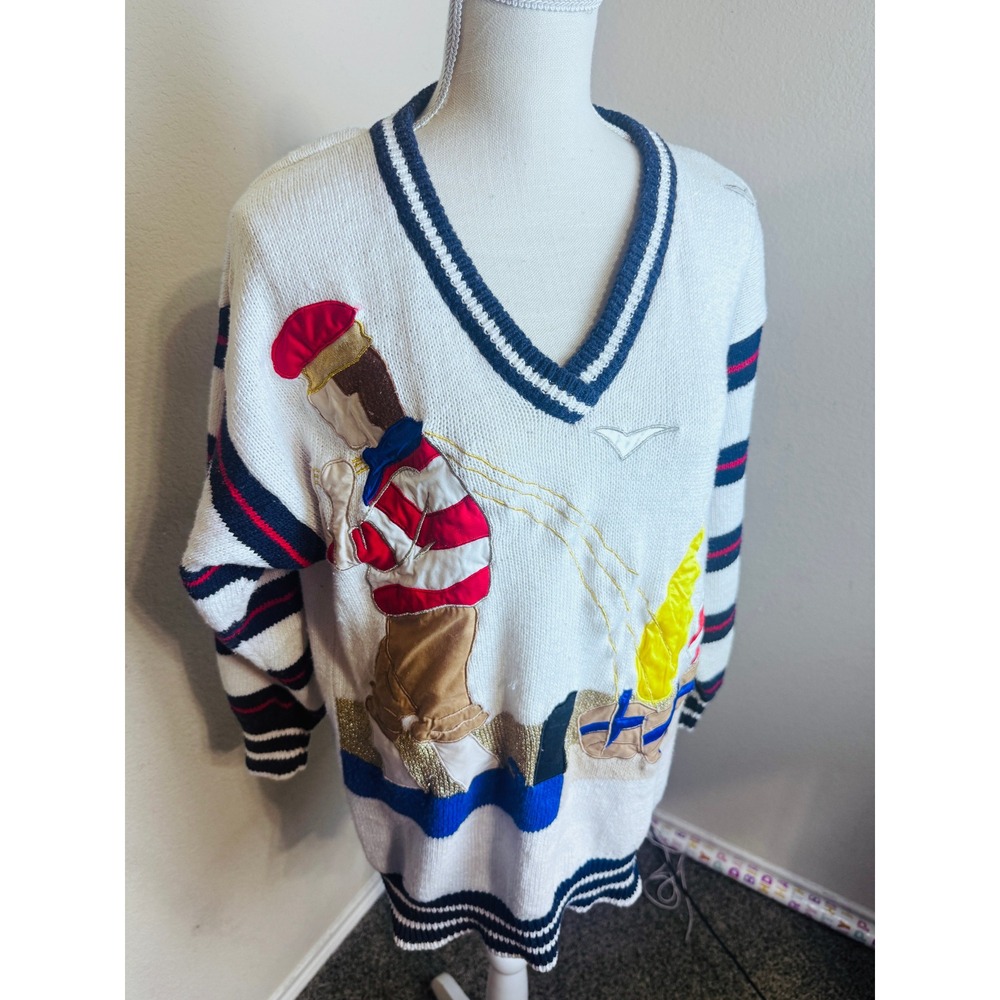 Vintage Bonnie Boerer Nautical Sailor Sweater V-Neck Knit White Striped Small